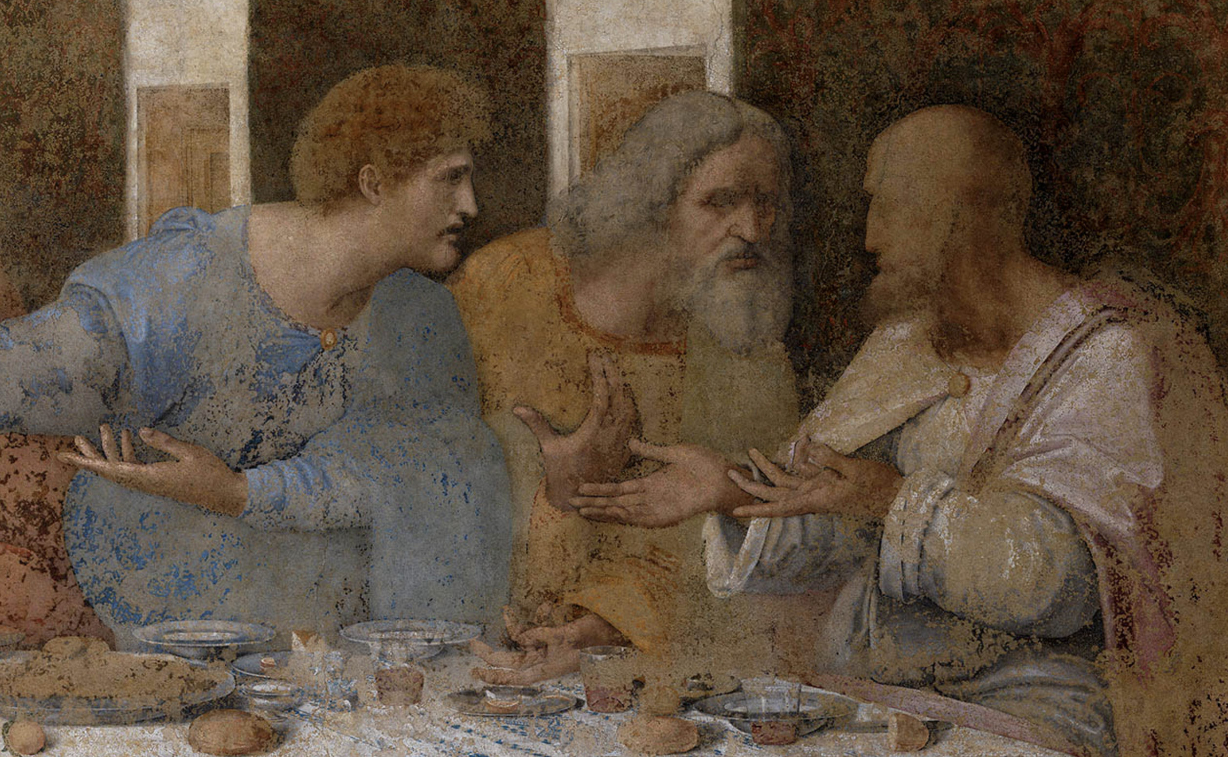 Dettaglio dell’Ultima Cena, copia di Giampietrino da Leonardo da Vinci. Sono raffigurati tre apostoli: da sinistra a destra, Matteo dal volto giovanile, Taddeo (al centro) con capelli lunghi e barba grigia, e Simone con la testa stempiata. I nomi sono indicati sull’immagine.