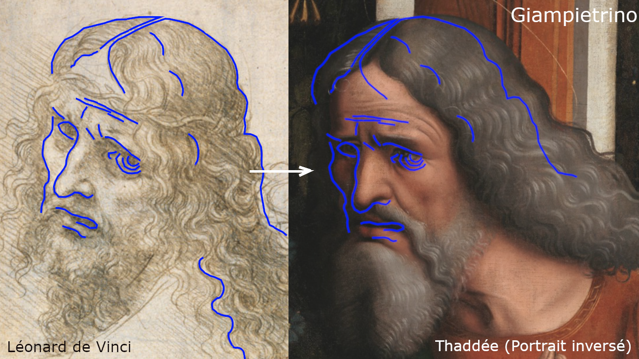 Report tracé dessin sur G Fr Comparaison visuelle entre le Dessin de la Tête du Christ de Léonard de Vinci (à gauche) et l’apôtre Thaddée dans La Cène (copie de Giampietrino, à droite). Un tracé bleu inversé du dessin est superposé sur chaque figure pour souligner les correspondances morphologiques : contours du visage, position des yeux, des sourcils, du nez et de la bouche.